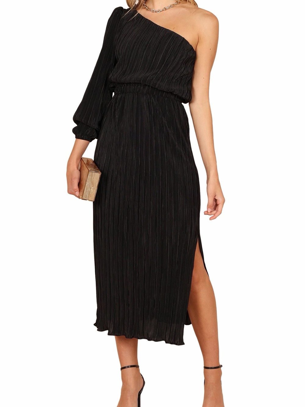Petal & Pup Black One-Shoulder Midi Dress with Side Slit